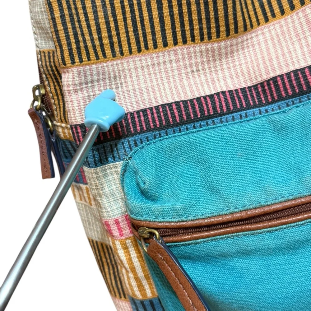 Fossil Multicolor Canvas Backpack‎ Teal Blue Front Pocket Boho Retro Style